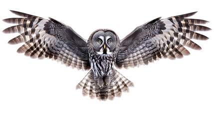 Majestic great grey owl soaring with wings fully spread, set against a pristine white background