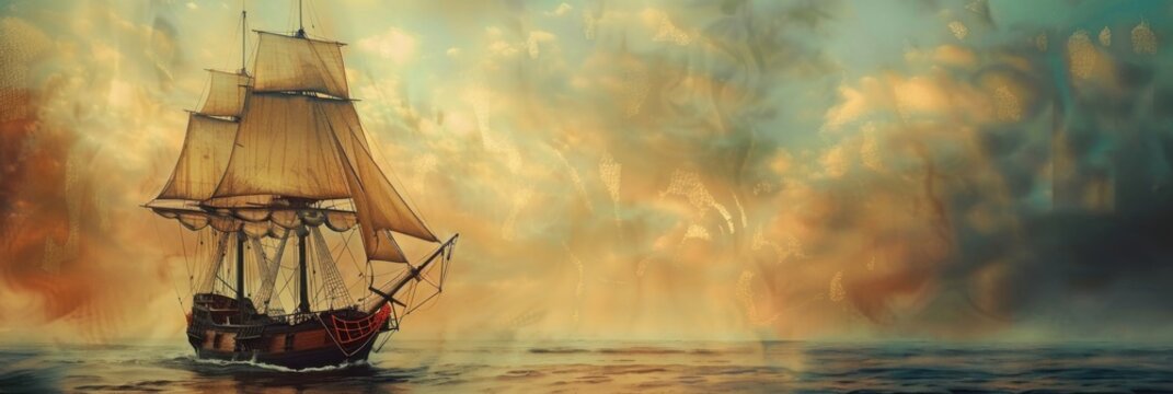 Vintage postcard. Happy Columbus day. Sailing ship floating on the sea waves. Holiday greeting card with ship in ocean. Free space for text, copy space. Discovery of America by Columbus
