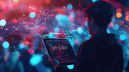 Young man using tablet with virtual network interface surrounded by digital connections. Cybersecurity, digital innovation, technology, network management, information systems.