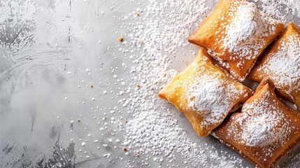 Four powdered sugar beignets de banane on a textured gray background with scattered sugar. Confectionery, pastries, French cuisine, bakery products, dessert presentation, food photography.