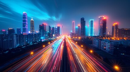 Fototapeta premium Night cityscape with light trails - generative ai