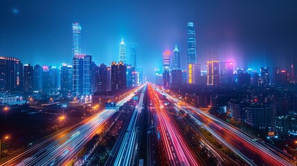 Vibrant cityscape at night with light trails - generative ai