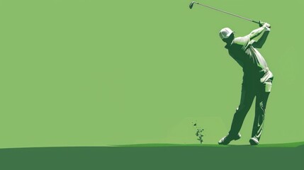 Illustrate a golfer mid-swing, with a solid green background to represent the course. Focus on the golfer's form and the elegance of the swing