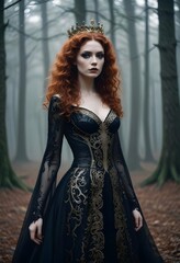 Beautiful gothic woman wearing a black elegant dress with red hair and a crown