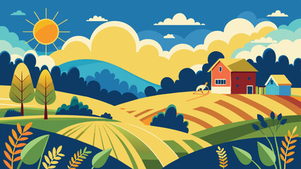 Landscape Illustration Art: Seasonal Hills and Grass Field with Farm Background