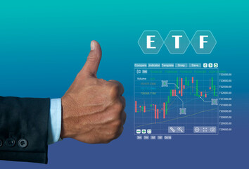 Businessman with thumbs up ETF (Exchange Traded Funds). Investment Opportunities in Mutual Funds and ETFs, Growing Wealth in the Financial Market.
