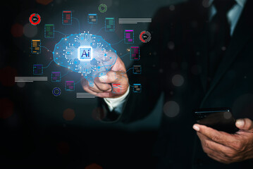 Concept of AI (Artificial intelligence). Businessman touching on screen digital brain. Technology process system, innovative technology in science.