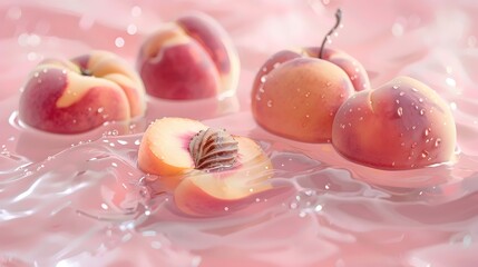 Floating peaches in pink water, featuring whole and halved fruits with droplets, soft pastel hues, and detailed textures.