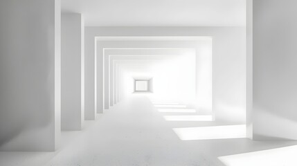 Fototapeta premium An infinite white corridor with repetitive rectangular frames, bright sunlight casting sharp shadows, and a vanishing point creating an illusion of endless depth.