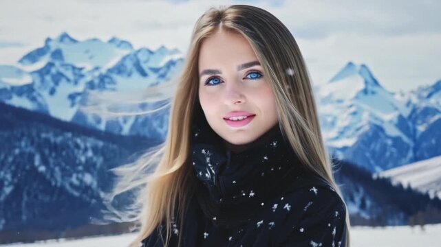 Close-up Portrait: Face of beautiful young cute attractive blonde woman with long hair in winter. Beautiful slavic female in snowy mountains or a park. Snowflakes are falling.