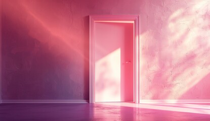 A pink room with an open door and light coming in, the wall is painted in shades of pink, minimalistic, with photorealism in the style of octane render, volumetric lighting, cinematic, ultra realistic