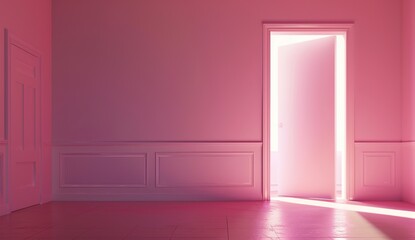 A pink room with an open door and light coming in, the wall is painted in shades of pink, minimalistic, with photorealism in the style of octane render, volumetric lighting, cinematic, ultra realistic