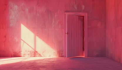 A pink room with an open door and light coming in, the wall is painted in shades of pink, minimalistic, with photorealism in the style of octane render, volumetric lighting, cinematic, ultra realistic