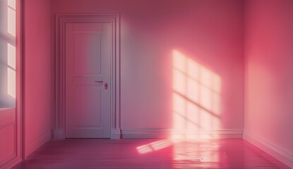 A pink room with an open door and light coming in, the wall is painted in shades of pink, minimalistic, with photorealism in the style of octane render, volumetric lighting, cinematic, ultra realistic