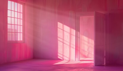 A pink room with an open door and light coming in, the wall is painted in shades of pink, minimalistic, with photorealism in the style of octane render, volumetric lighting, cinematic, ultra realistic