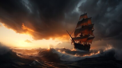 Obraz premium a pirate ship sailing on the high seas, dramatic waves and stormy sky