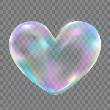 Realistic Vector Transparent Liquid Heart shape refraction soap bubble. Soap bubble png, glare. Foam bubbles png love simbol. Colorful magical fantasy dreamy of multicolored transparent bubble heart