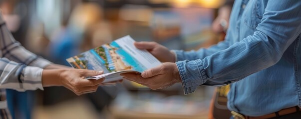 Closeup of a customer being handed a brochure by a travel agent, planning a vacation