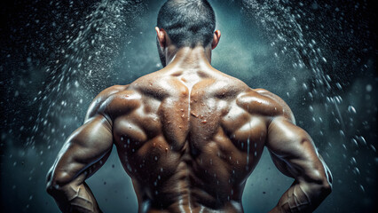 Strong, sweaty, muscular back glistens with water droplets, showcasing definition and power, set against a blurred, dark, mysterious background, evoking intensity and focus.