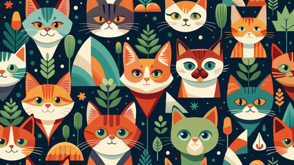Playful cartoon cat heads seamless pattern, vector illustration