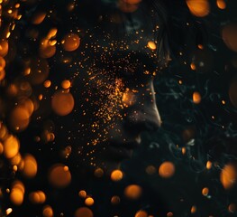 Fire sparks flying in the air against a black background at night time in a close-up view. Bright and dynamic sparks creating a dramatic and intense atmosphere, perfect for design and creative project