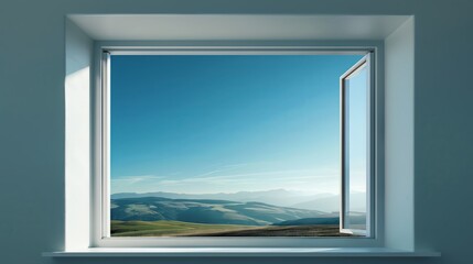 Open window showing green mountains, bright blue sky, detailed landscape, realistic style, serene