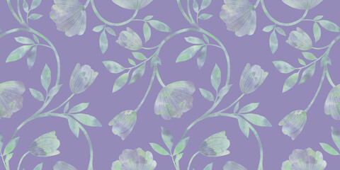 Abstract watercolor floral pattern on a blue background, seamless ornament for bright packaging design, textile, wallpaper