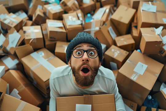 Surprised man with beard and glasses surrounded by numerous cardboard boxes in a cluttered room. E-commerce, online shopping, delivery services, logistics, home business concept.
