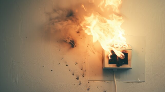 Electrical outlet on fire with scorching on the wall, illustrating electrical hazard and safety breach.