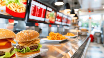Blurry image of a bustling fast food eatery, perfect as a defocused background for designs.