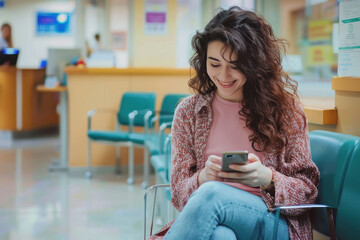 Young happy woman using cell phone in waiting room at doctor's office.