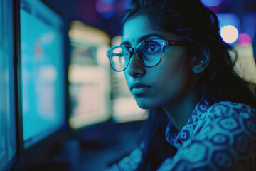 Young Indian woman programmer writing Software Code for an Innovative Big Data Project.
