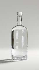 A clear glass bottle with a white cap, casting a shadow on a plain background.