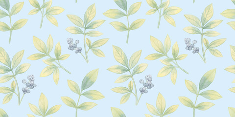 Fototapeta premium seamless botanical background of leaves, hand-drawn watercolor pattern, abstract illustration for wallpaper and packaging design, leaves on branches collected in an endless ornament
