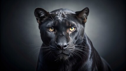 Obraz premium Mysterious black panther's sleek form blends into shadows, isolated on bright solid background, exuding air of mystery and power in dramatic studio portrait.