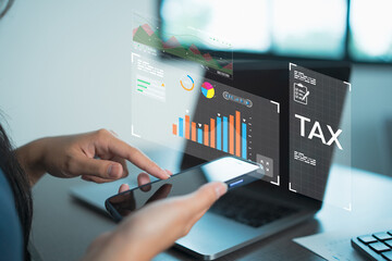 Calculation tax return concept. Businessman is working on his taxes, using a calculator and phone. Individual income tax return form online. state taxes. Financial research.