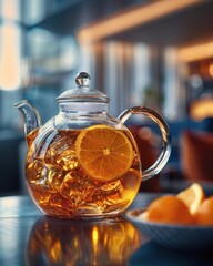 A teapot filled with iced tea and an orange slice. AI.