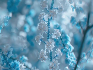Delicate white blossoms with a blue hue. AI.