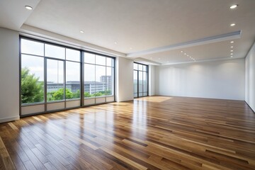 Modern empty room with wooden floor and large white plain wall