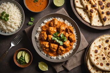 Homemade Indian Butter Chicken with Rice and Naan Bread