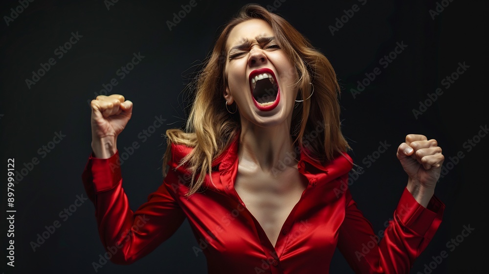 Wall mural portrait of joyful woman screaming with arms raised