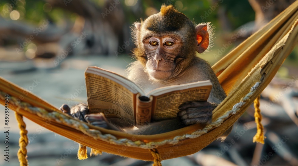 Sticker A monkey relaxing in a hammock while reading a book. AI.