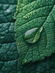 A close-up of a green leaf with water droplets. AI.