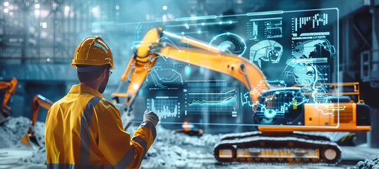 A construction worker in a futuristic environment reviews holographic data visualizations displaying market trends and heavy equipment project details
