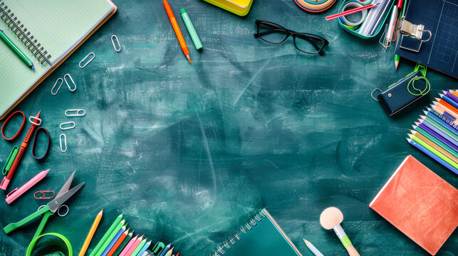 A top-down view of a green chalkboard surrounded by colorful school supplies