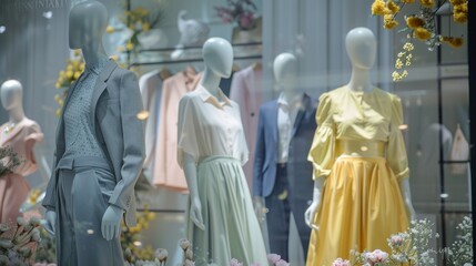 Obraz premium A window display of clothing with a variety of colors and styles