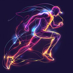 Dynamic Neon Light Effect Vector Illustration of an Athlete Running with Colorful Glow on Black Background, Perfect for Sports-Themed Designs and Advertising to Convey Speed and Vitality
