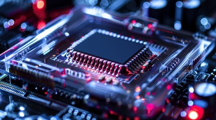 A close-up view of a microchip under a microscope, revealing intricate patterns and detailed circuitry that showcase the marvels of modern technology.