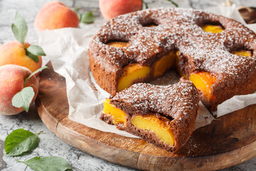 Delicious cocoa peach brownie or chocolate peach sponge cake closeup on wooden board on table. Horizontal