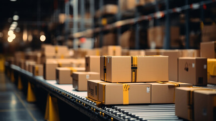 Parcels cardboard box packages on conveyor belts in a warehouse, e-commerce, delivery of products, logistics.